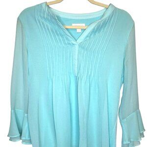 Charter Club Aqua Light Blue Chiffon Bell Sleeve Sheer Lined Blouse, Size Small